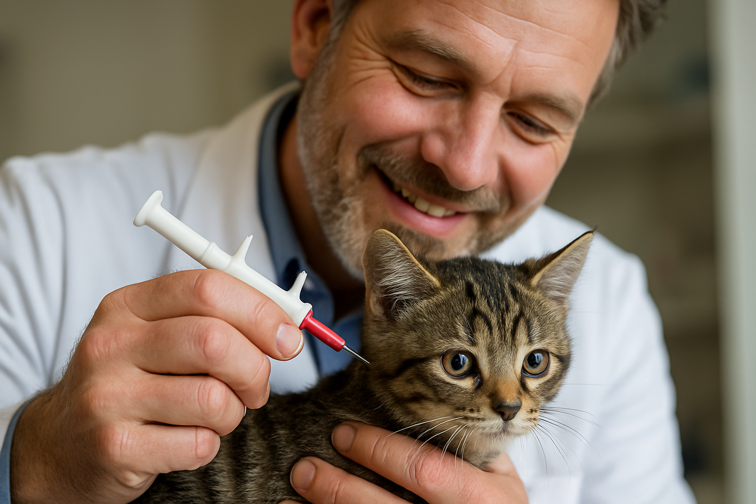 Een kitten wordt gechipt door de dierenarts