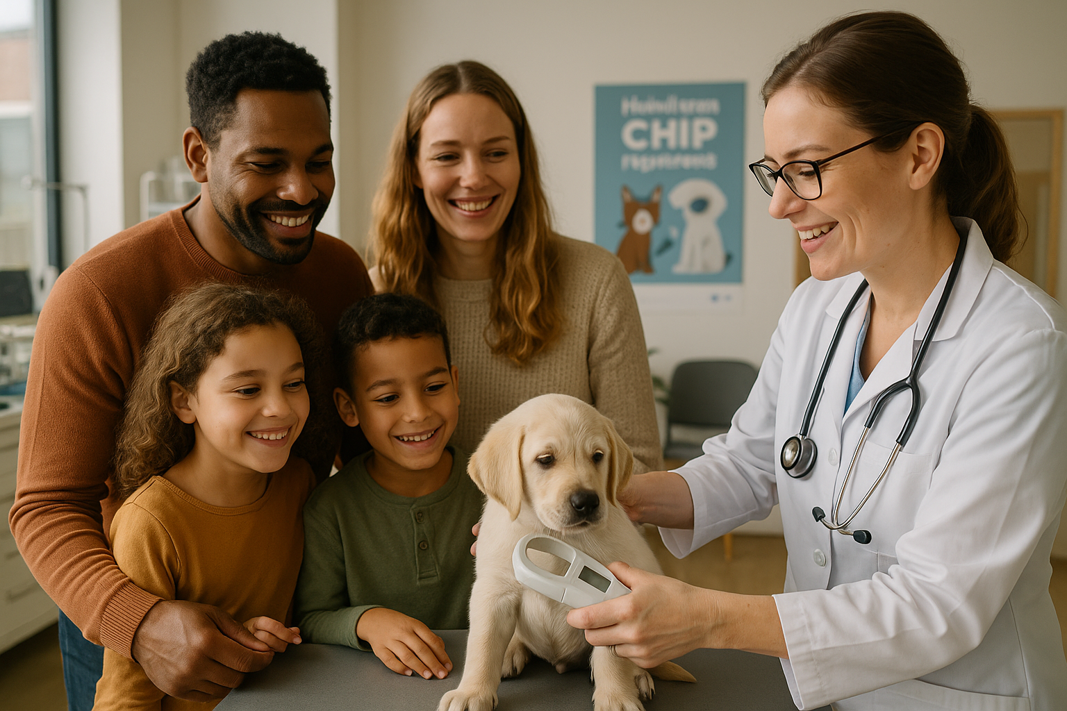 Een gezin bij de dierenarts tijdens het chippen van hun huisdier